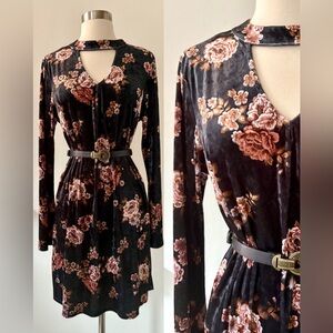 Bobeau Black Floral whimsy goth Long Sleeve velvet Keyhole Dress size large L